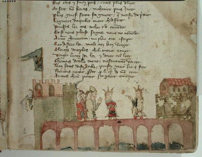 Ms Est 27 W 8.17 f.2r Une réunion sur un pont, de La Guerre d